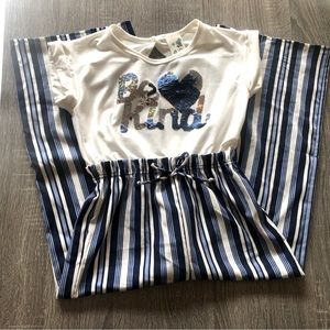 SOLD on Ⓜ️ Lily Bleu - “Be kind” Jumpsuit White and Blue Pinstriped Wide Pants.